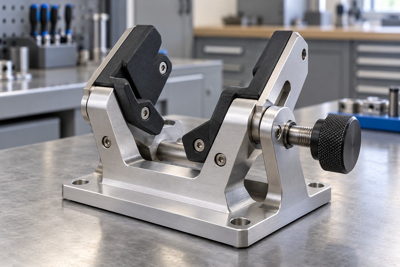 Compact adjustable instrument mounting cradle with polymer pads and threaded knob