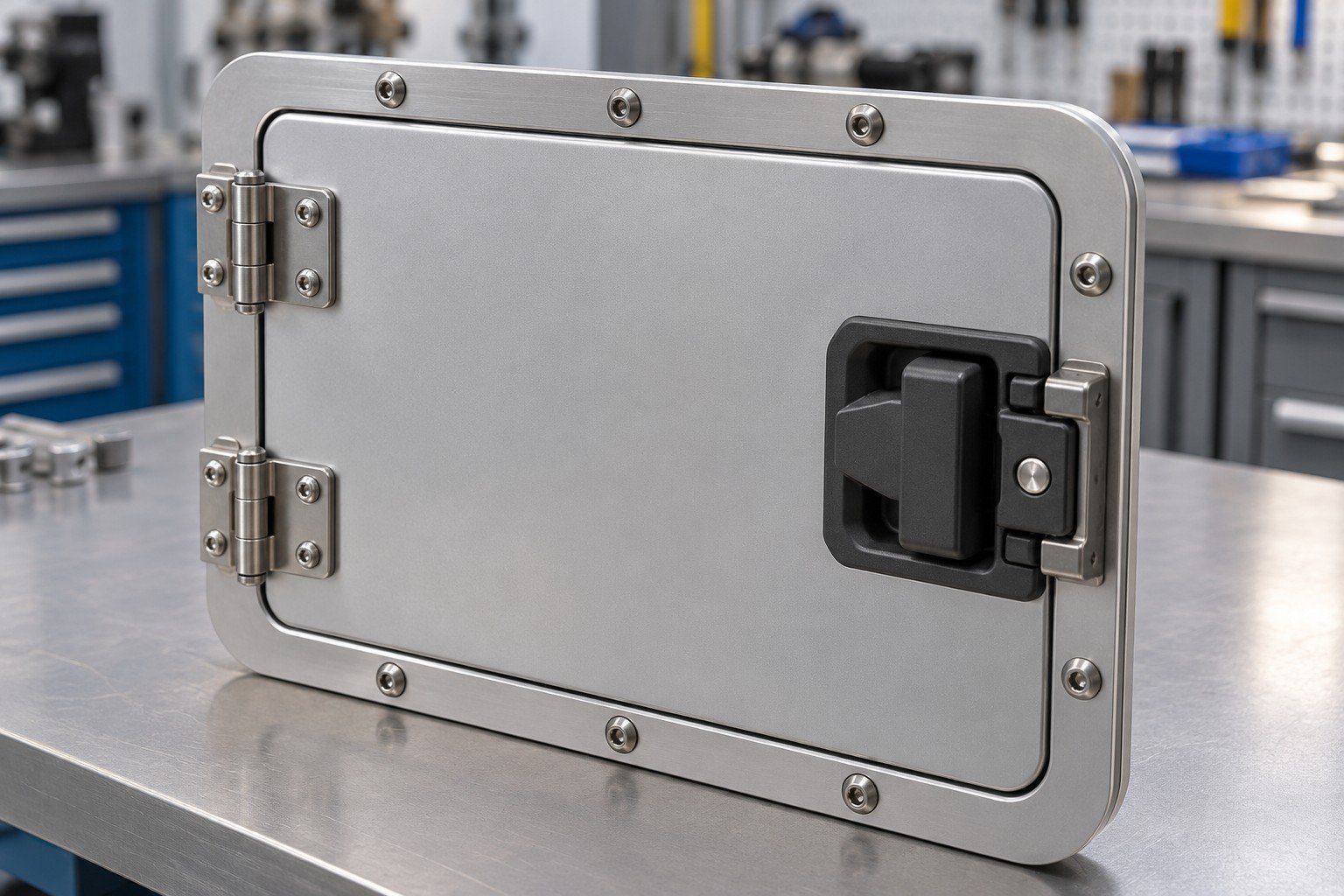 Equipment access-panel subassembly with metal hinge, polymer latch and captive screws