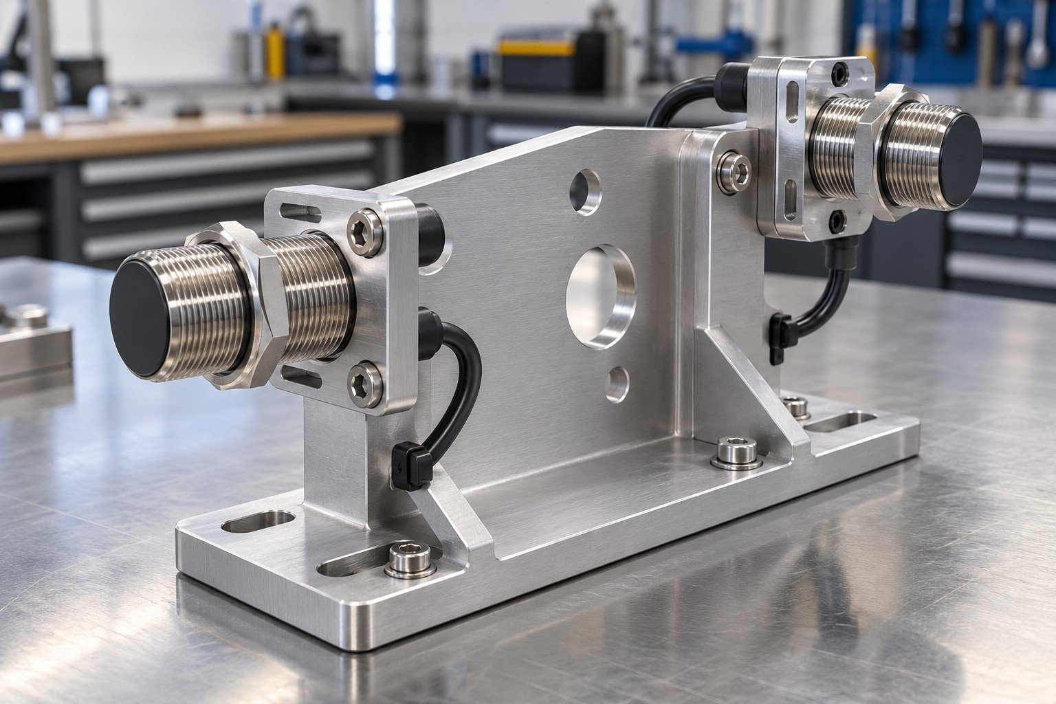 Industrial sensor mounting bracket module with two unpowered purchased proximity sensors and restrained short cables
