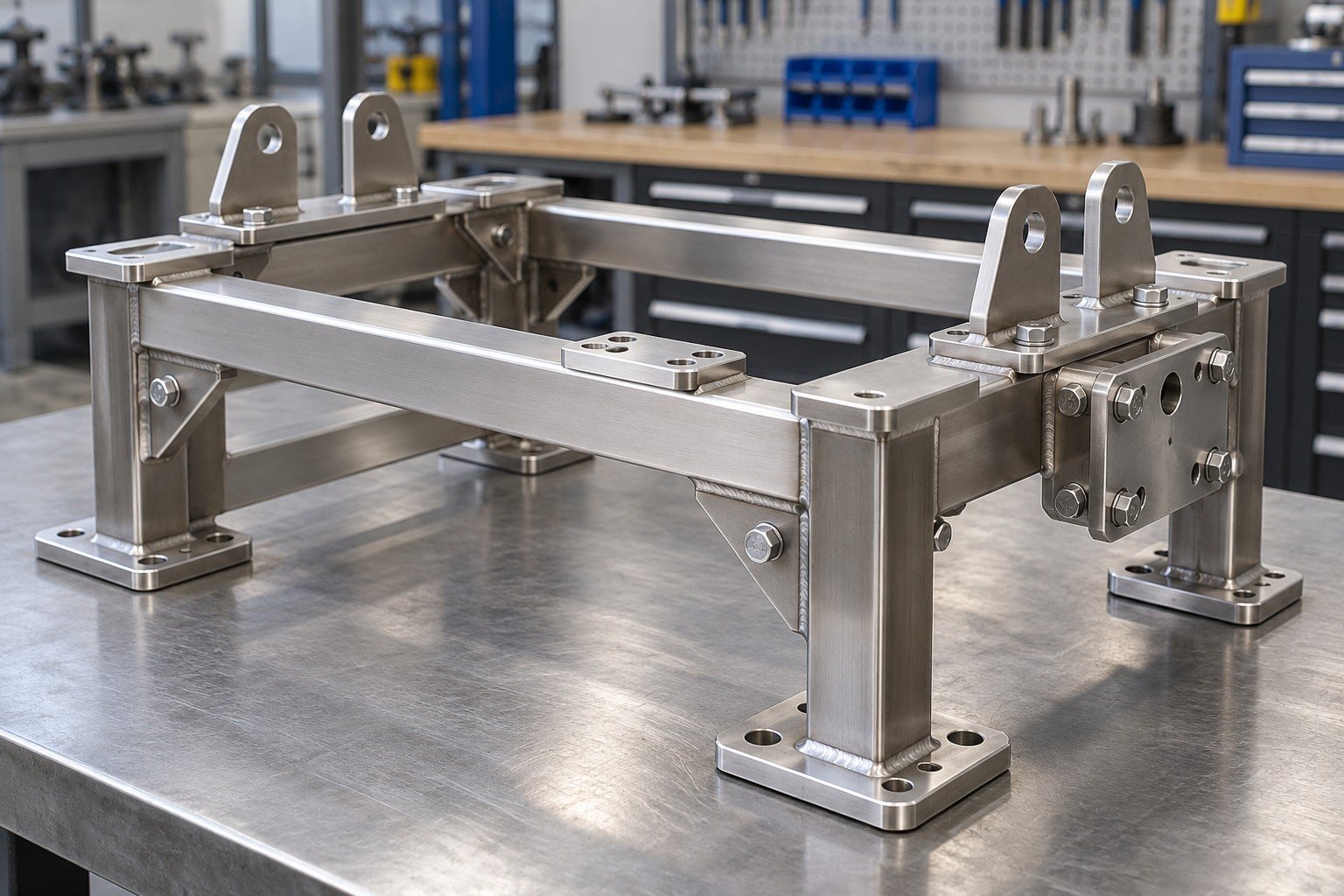 Compact welded stainless mounting frame with machined locating pads and bolted brackets