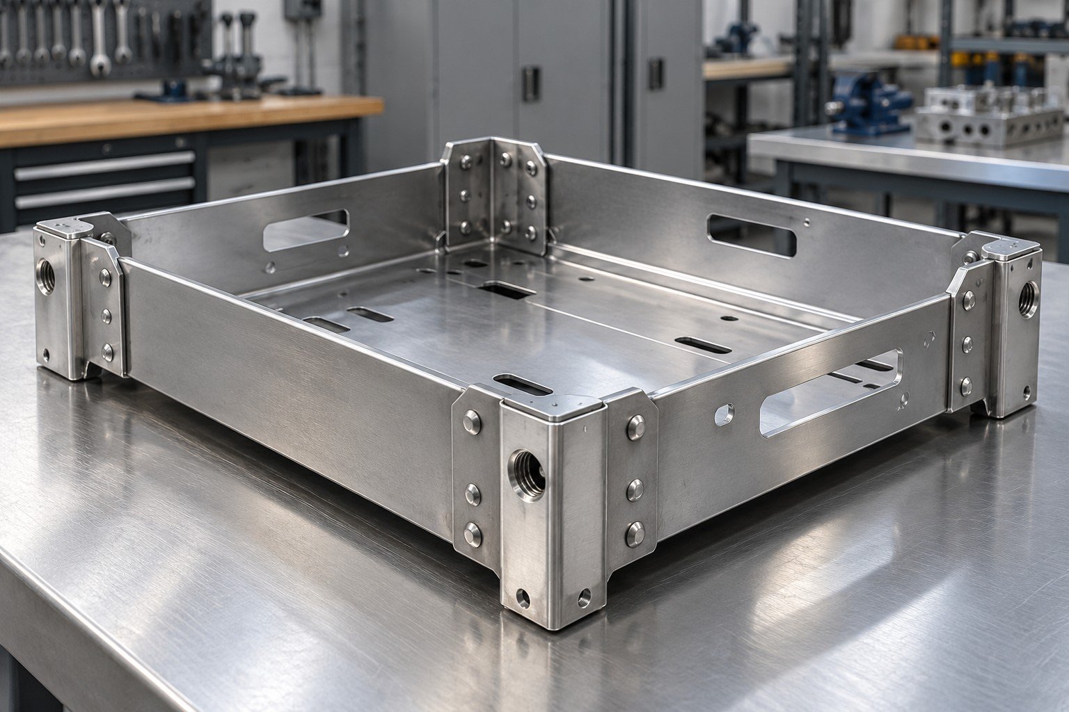 Folded steel panel carrier with riveted corner brackets and threaded inserts