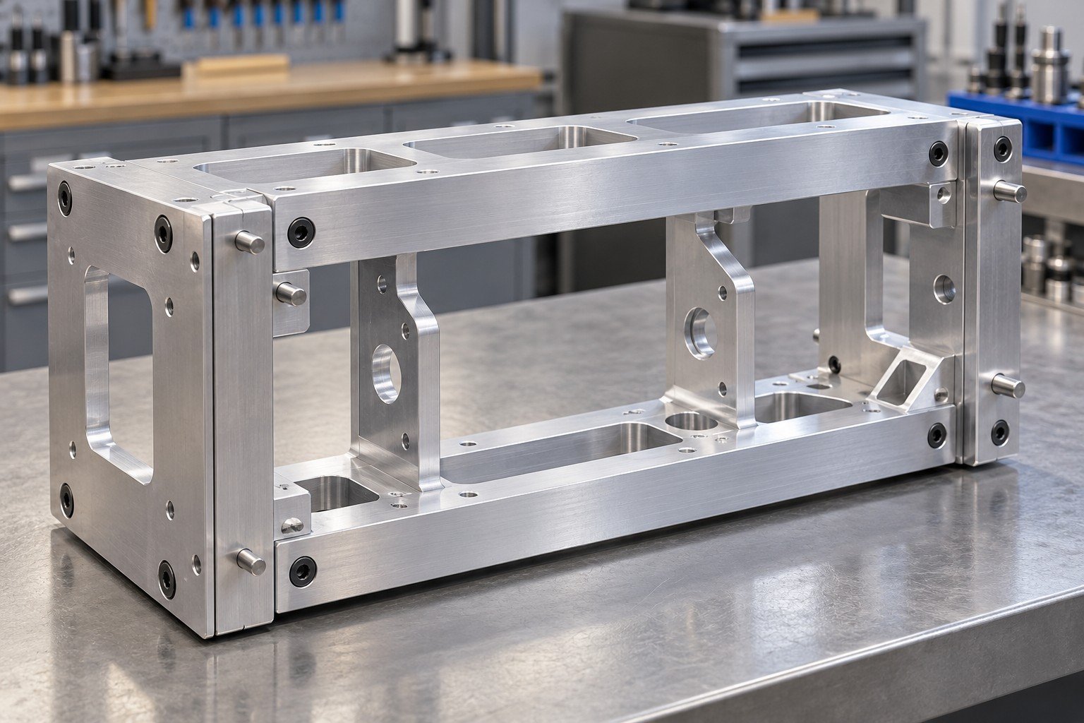 Aluminum fixture frame joined with dowel pins and socket screws
