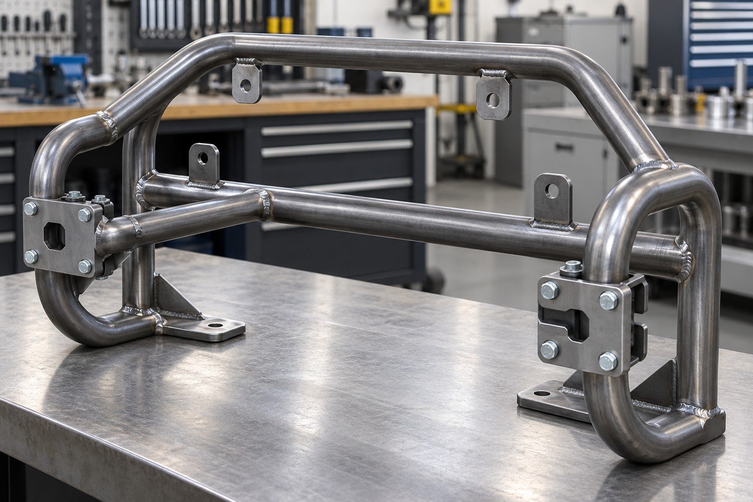Tubular steel equipment guard frame with welded tabs and removable clamp plates