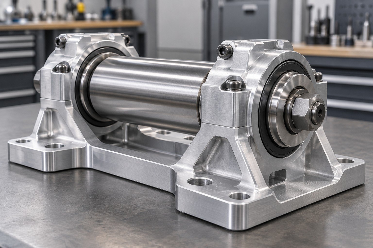 Complex aluminum bearing carrier with steel roller shaft and retaining hardware