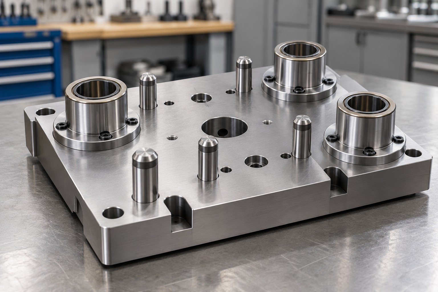 Steel dowel-pin locating plate with hardened bushings