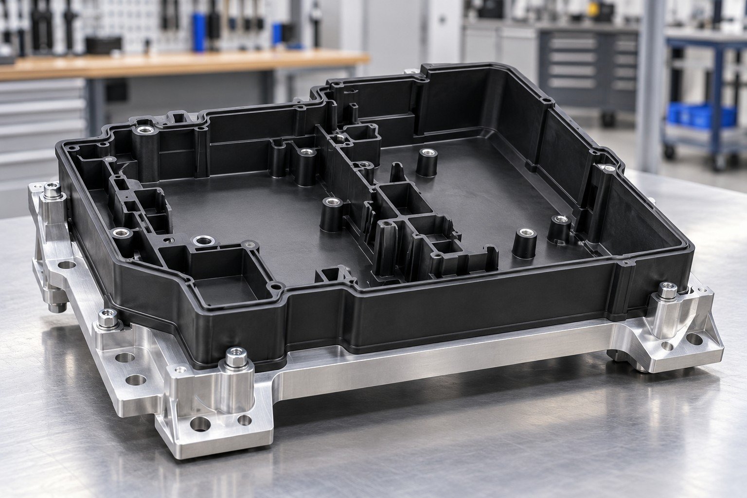 Molded polymer enclosure insert on aluminum support tray
