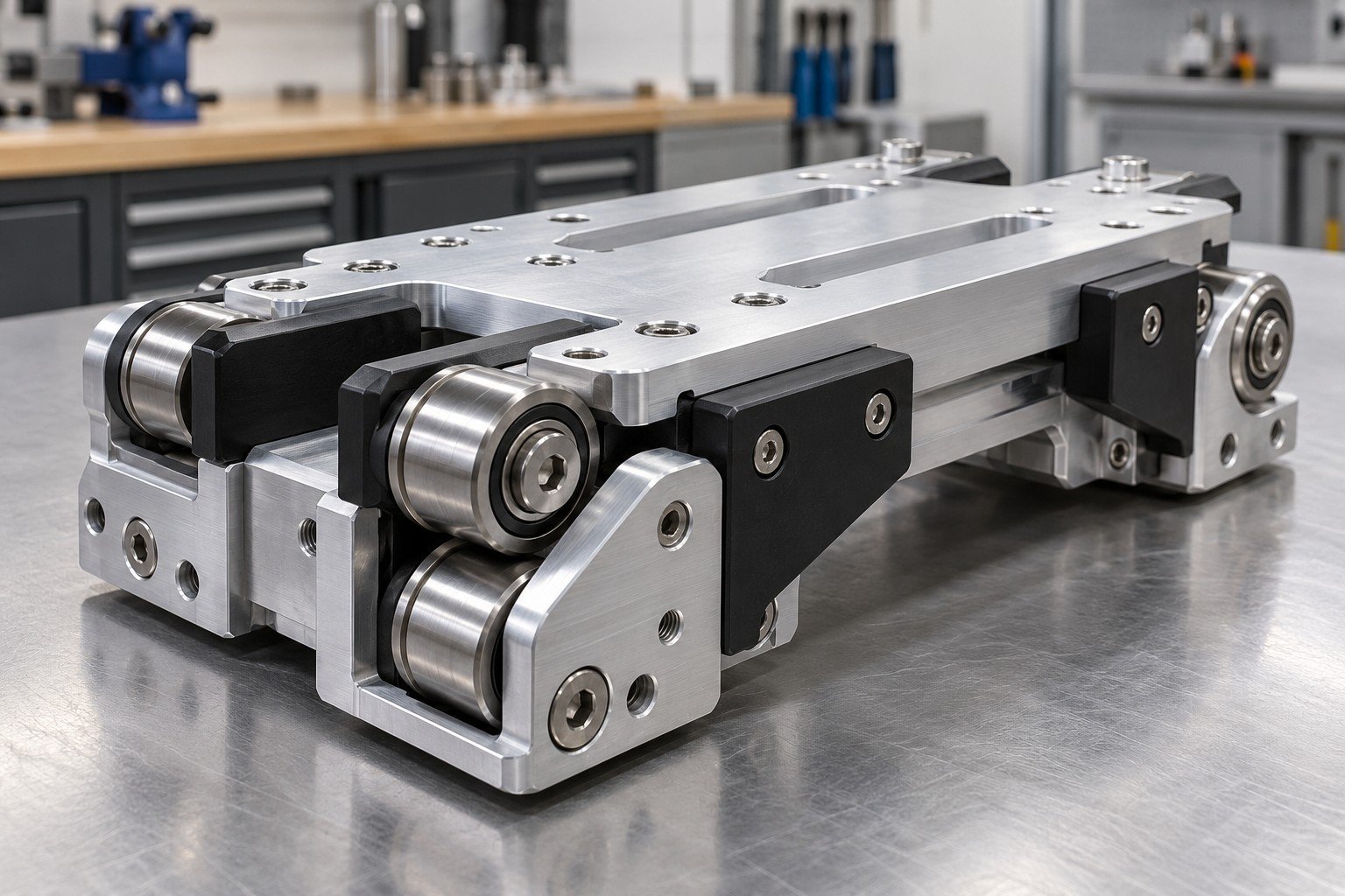 Black acetal wear shoes and steel rollers on machined aluminum carriage