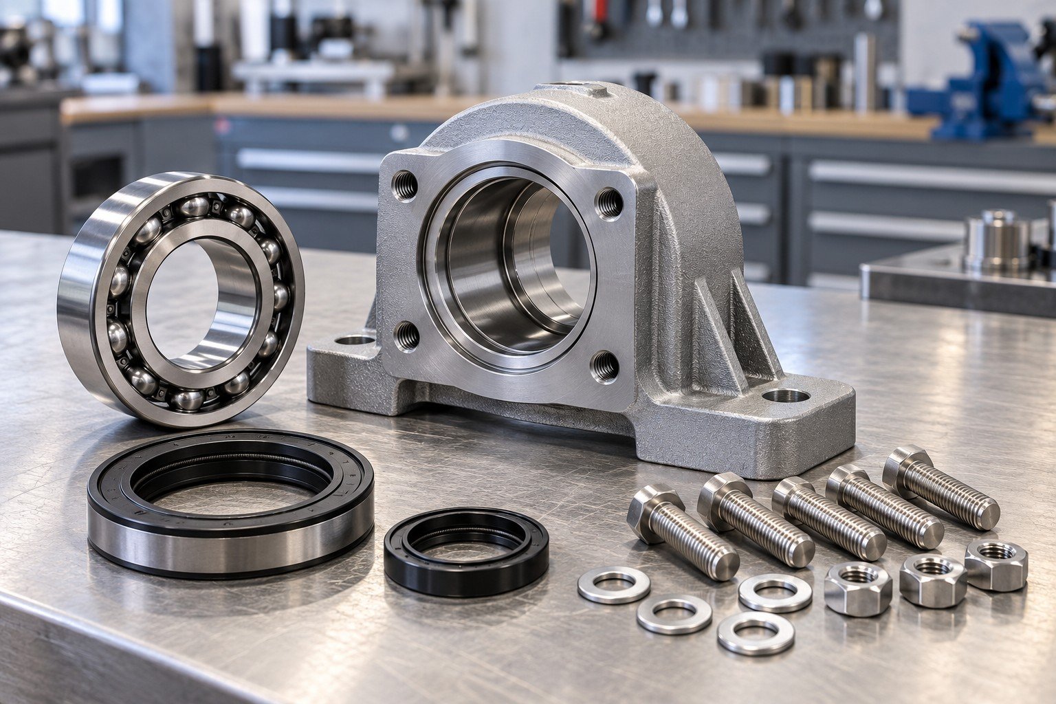 Approved purchased bearing, seal and fastener items arranged around a compact housing