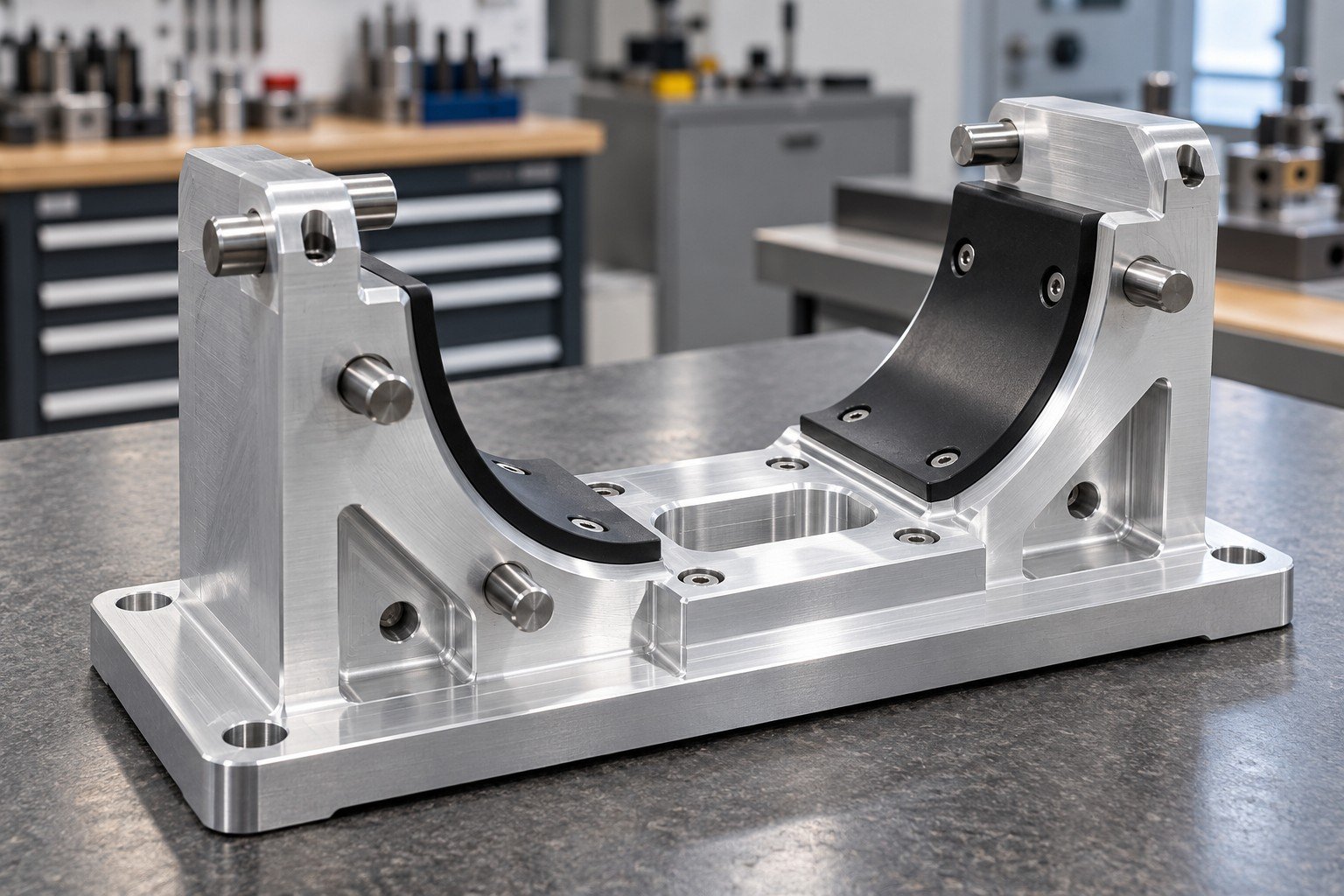 Machined aluminum locating cradle with black acetal wear shoes and steel dowel pins