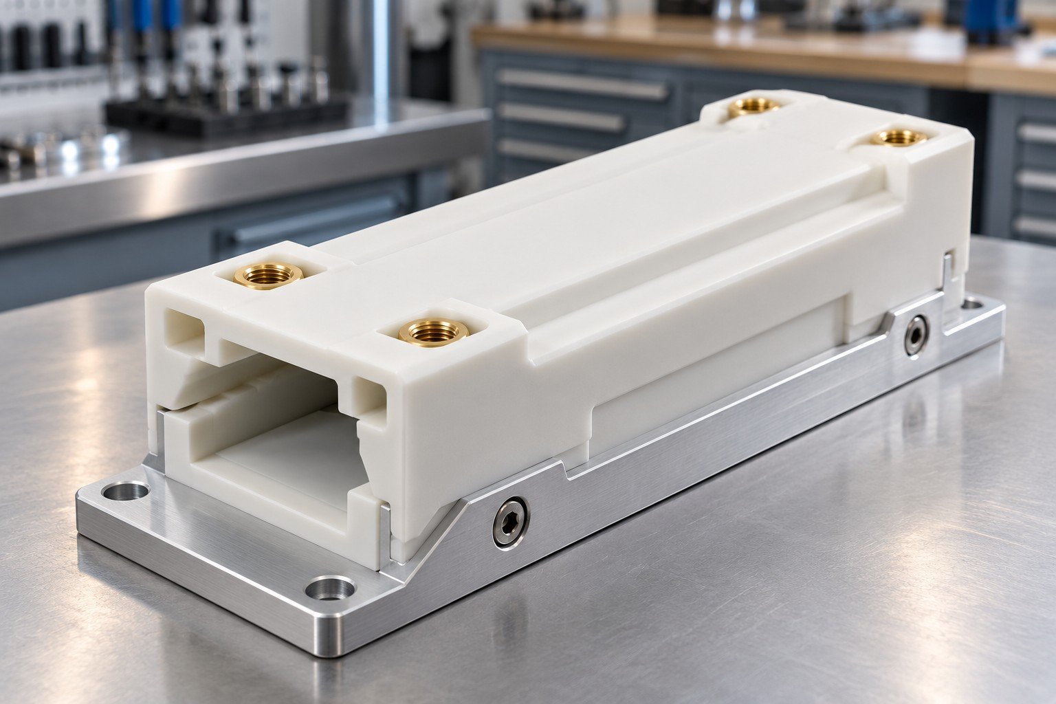 White molded polymer slide cover with brass threaded inserts and aluminum support plate