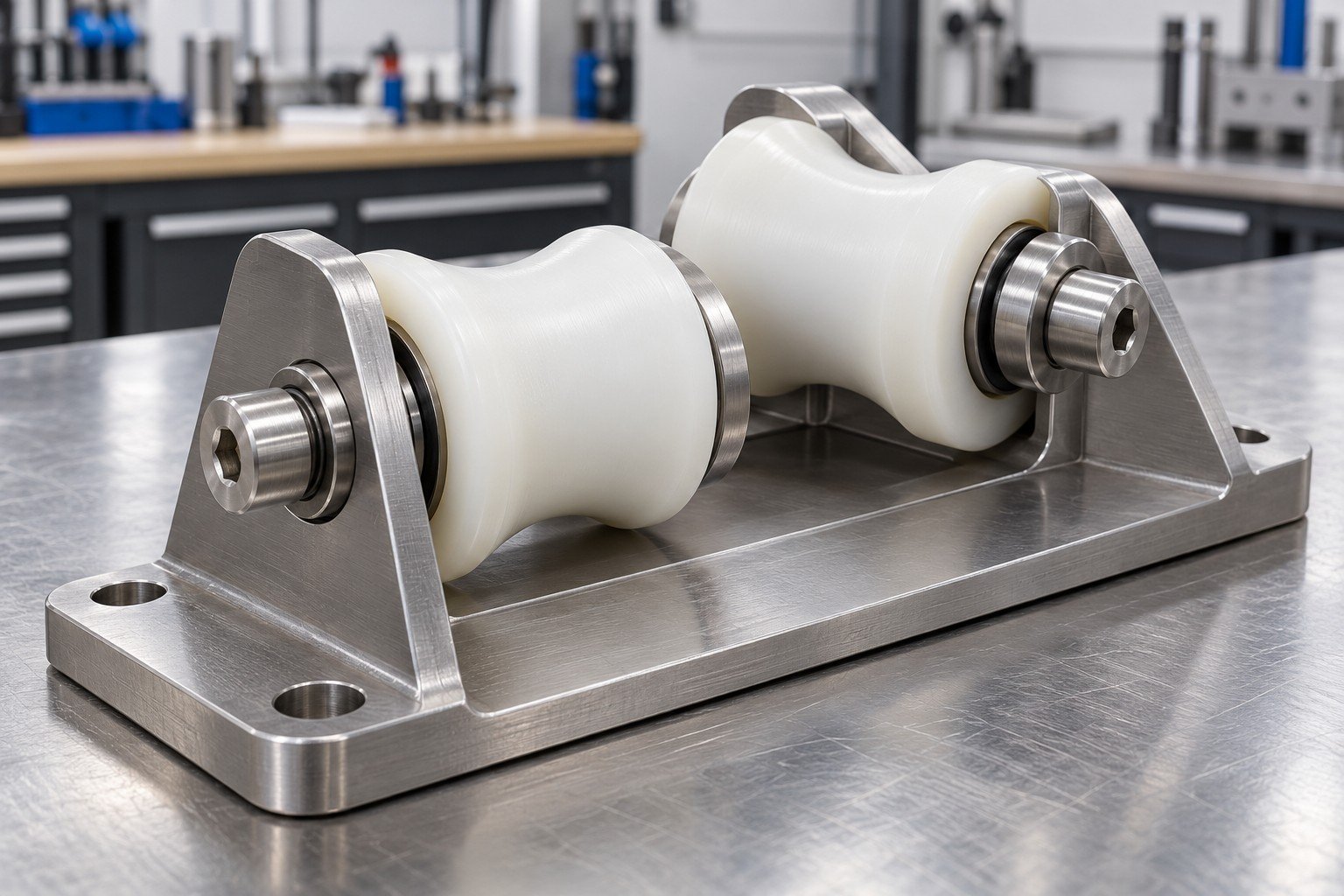 Steel mounting carrier with two polymer guide rollers and stainless shoulder screws