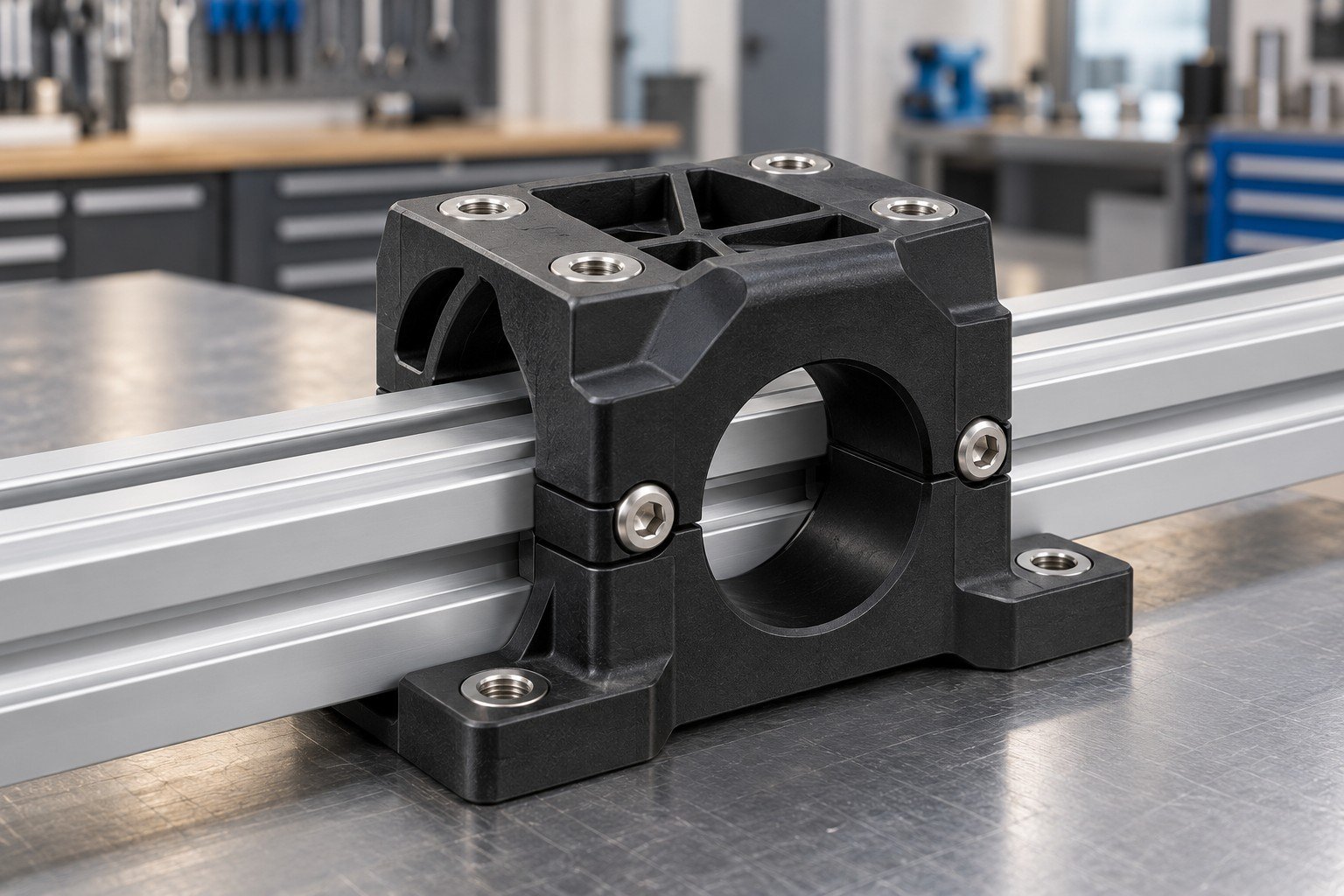 Black nylon clamp module with metal threaded inserts and profiled aluminum rail