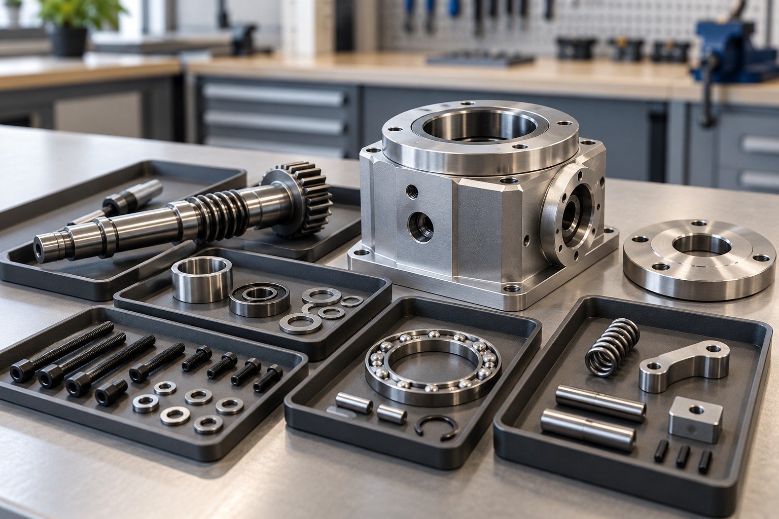 Complete component kit for small manual indexing subassembly in orderly individual trays