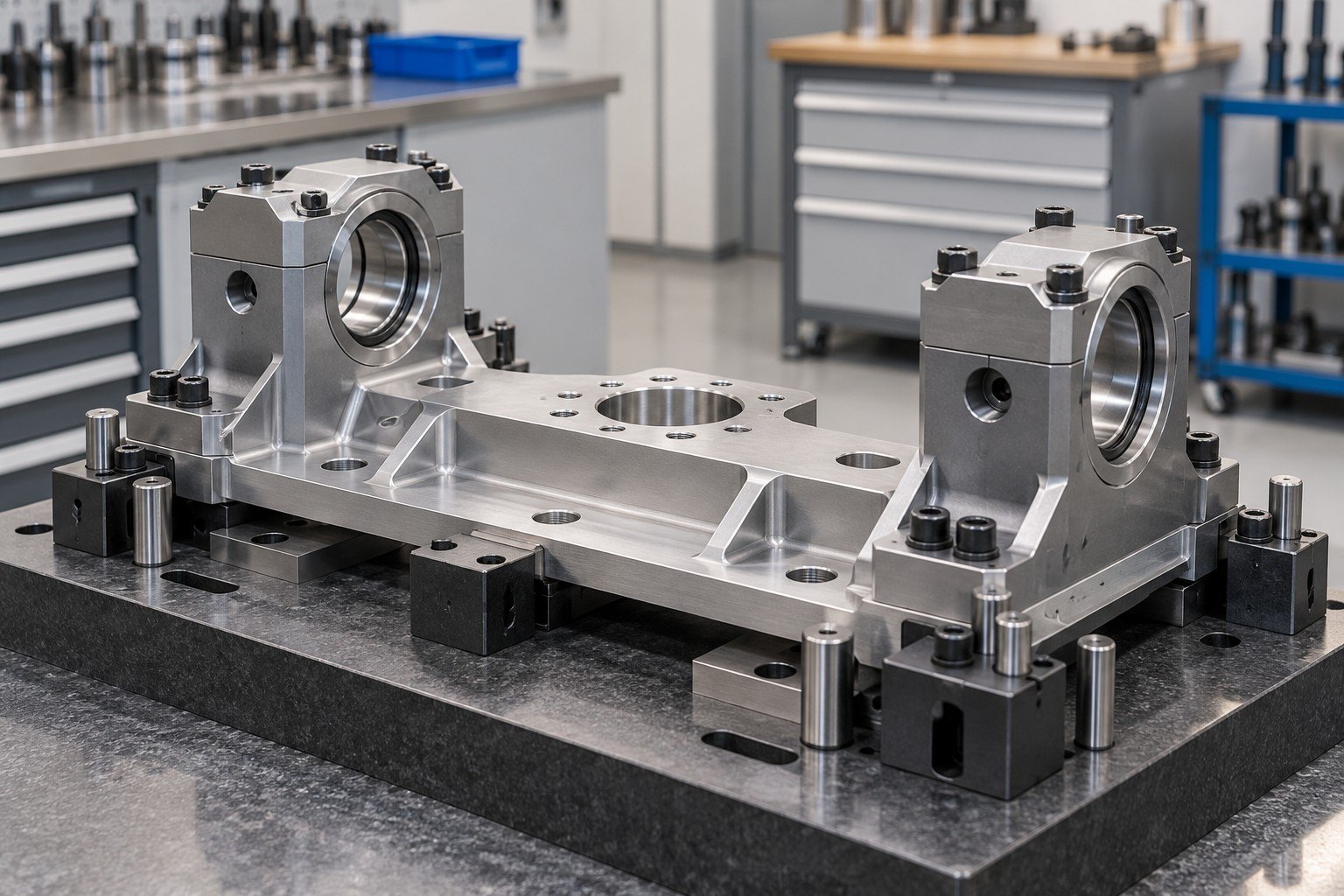 Machined mounting base and bearing blocks being located in dedicated unpowered fixture, no people
