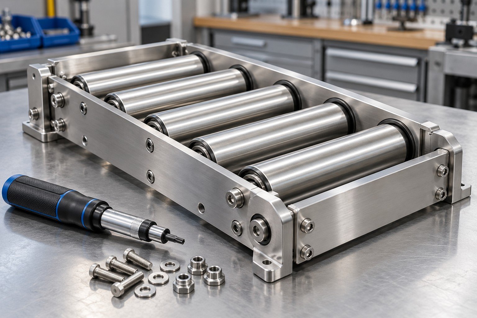 Assembled stainless roller cassette beside torque screwdriver and short fastening hardware