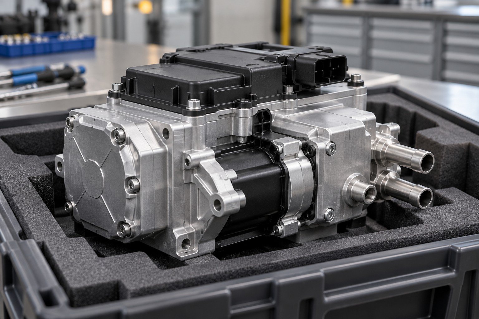 Finished compact mixed metal-polymer module in protected fitted shipping tray