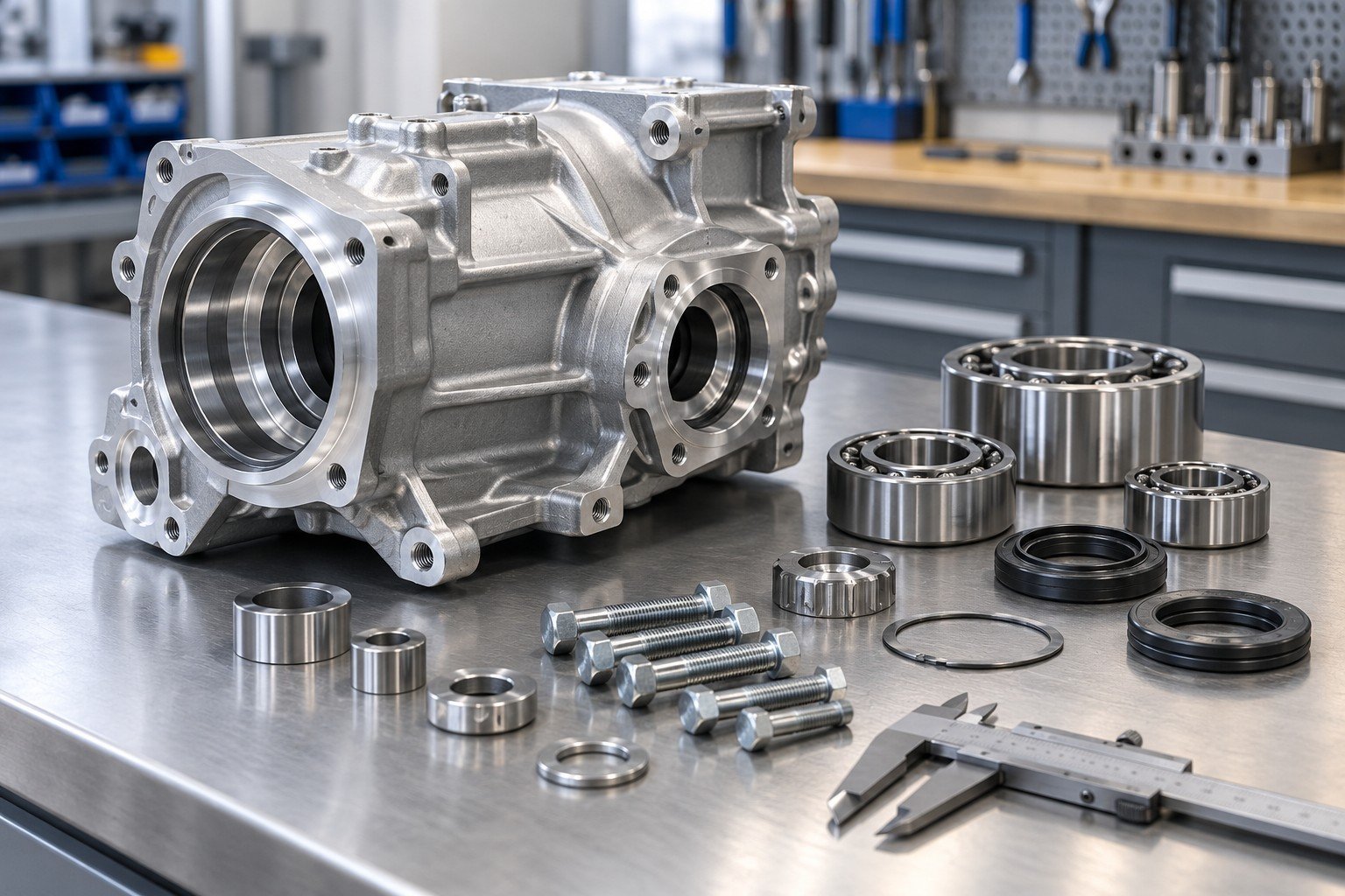 Incoming mechanical module components beside caliper and separately sorted bearing items
