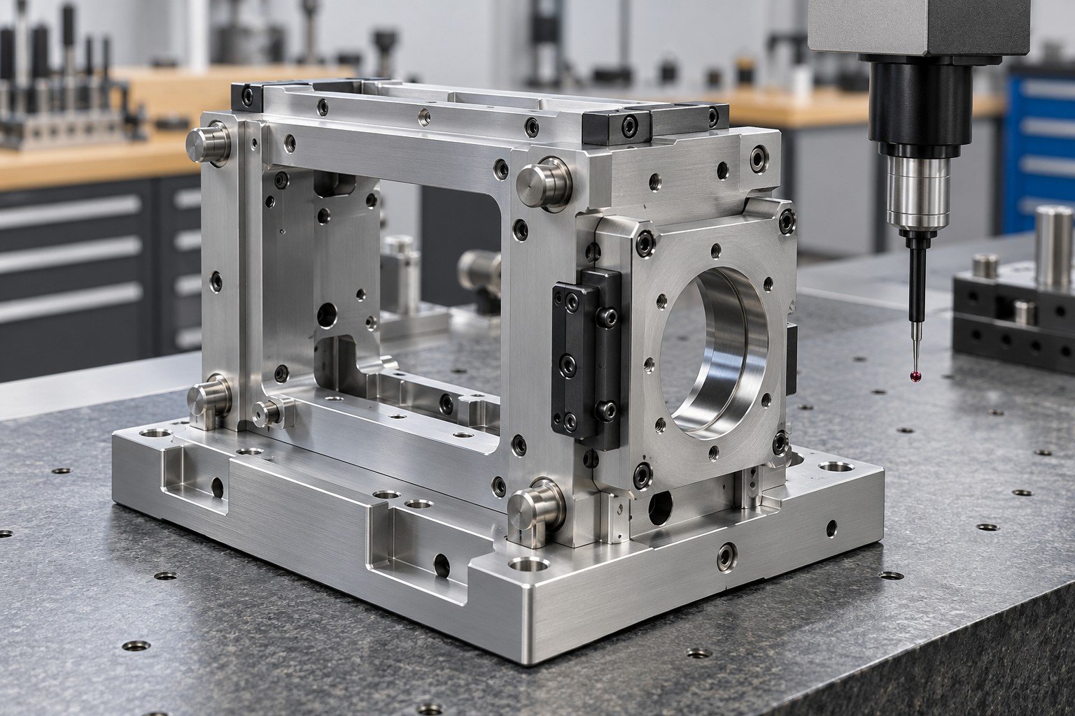 Completed mounting cassette with accessible datums next to simple coordinate probe setup, no readings