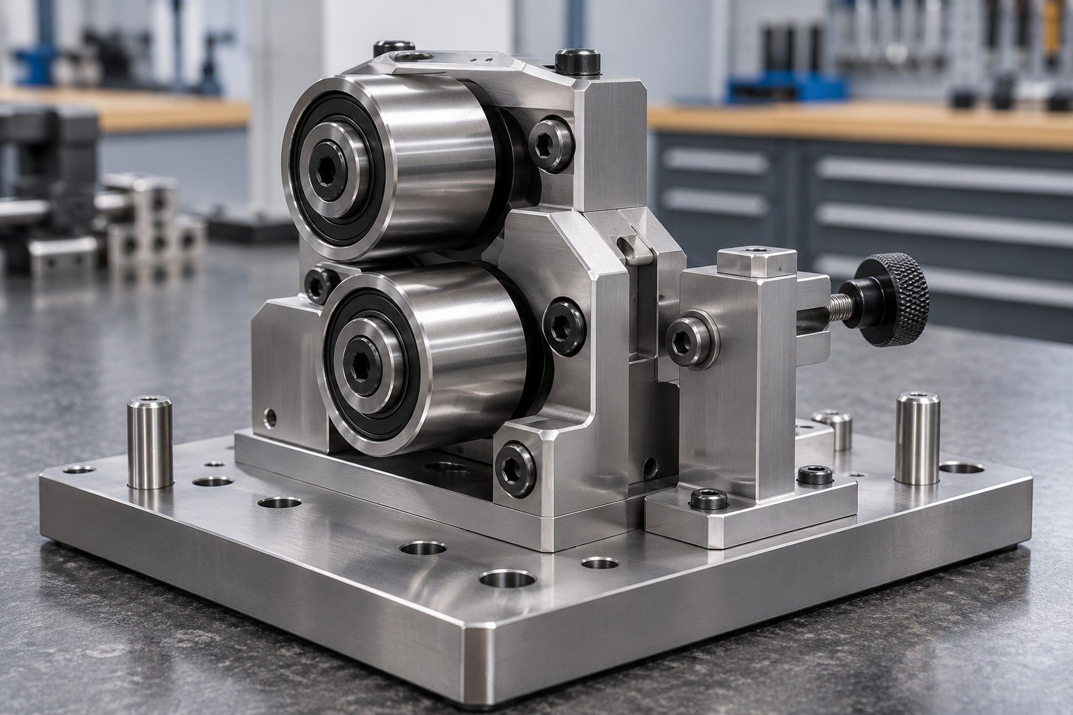 Guide roller module mounted on a mating interface gauge with dowel pins and adjustable stop