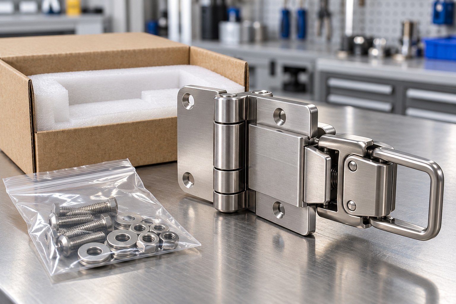 Accepted enclosed hinge-latch module with clean fitted protective packaging and unmarked parts bag