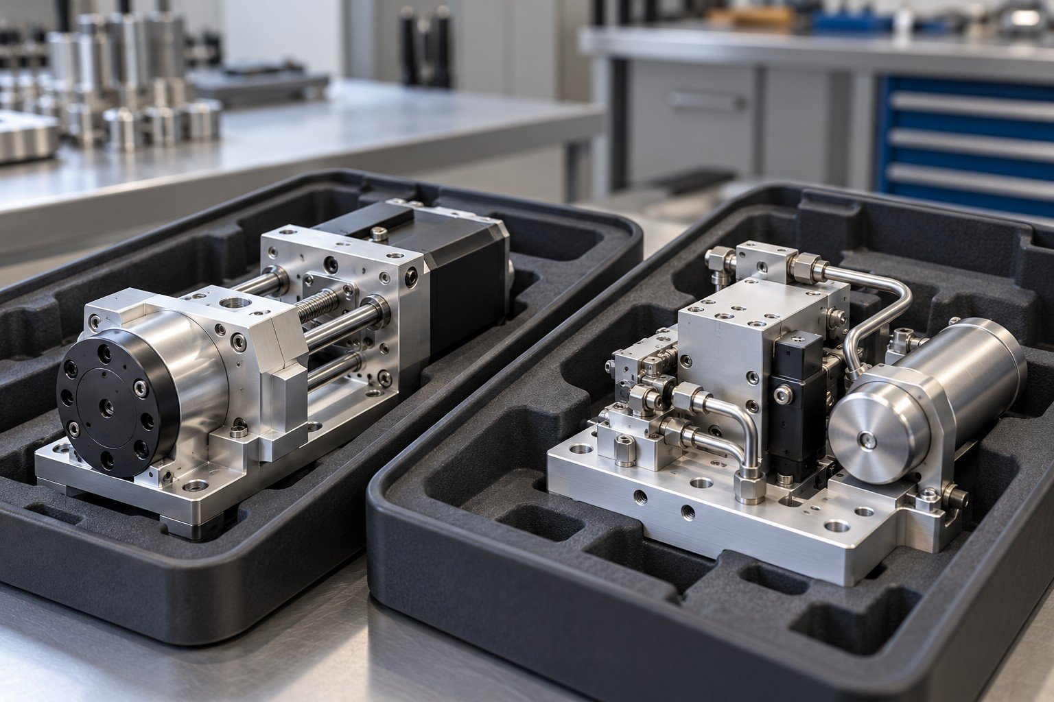 Two distinct small module configurations separated in purpose-cut component trays