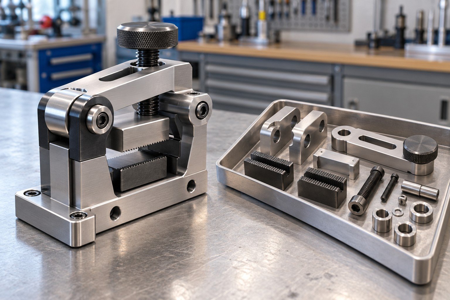 Completed adjustable clamp cassette next to its unassembled fasteners in separate tray