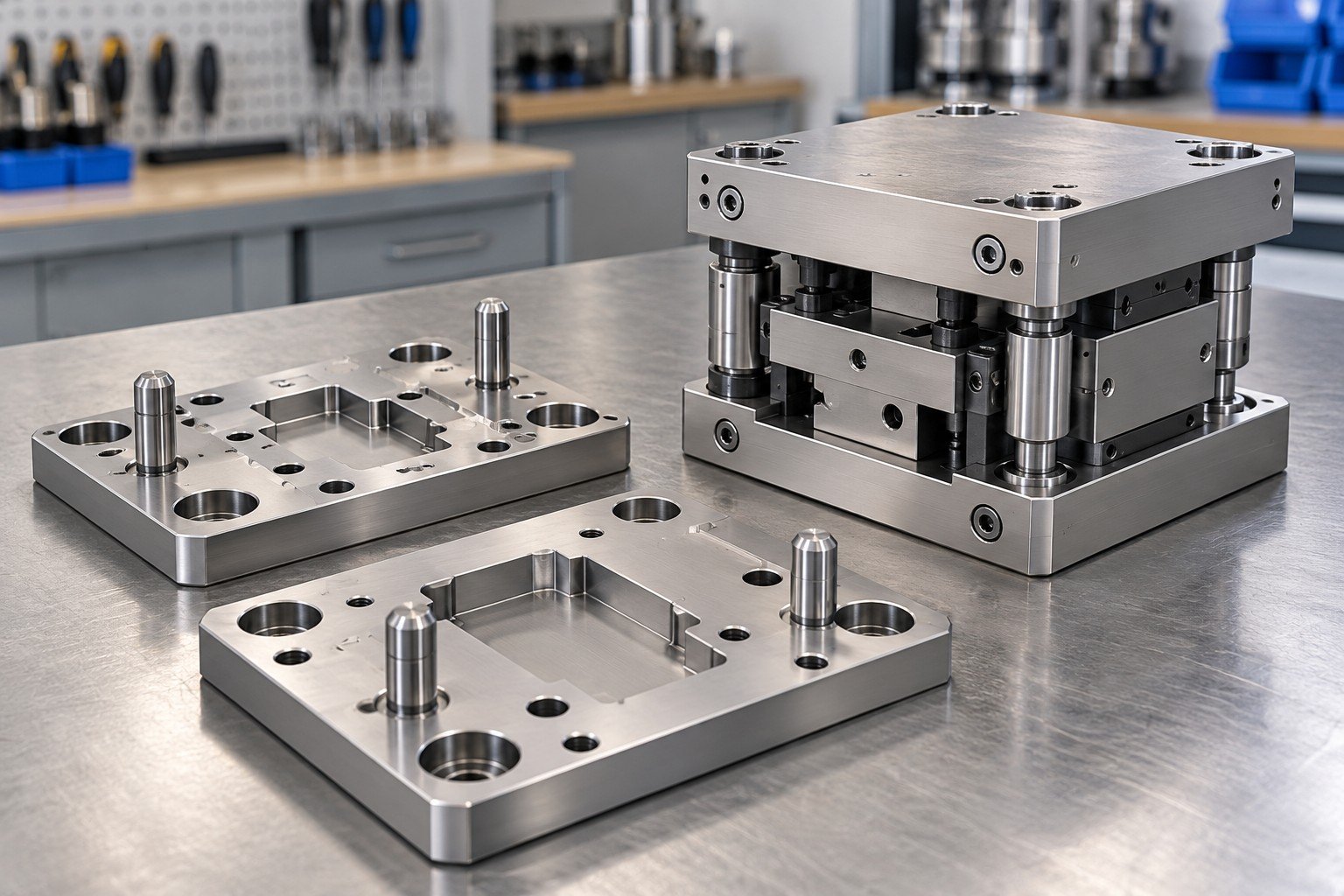 Two distinct mating base plates with datum dowels and shoulder holes beside compact assembled cassette