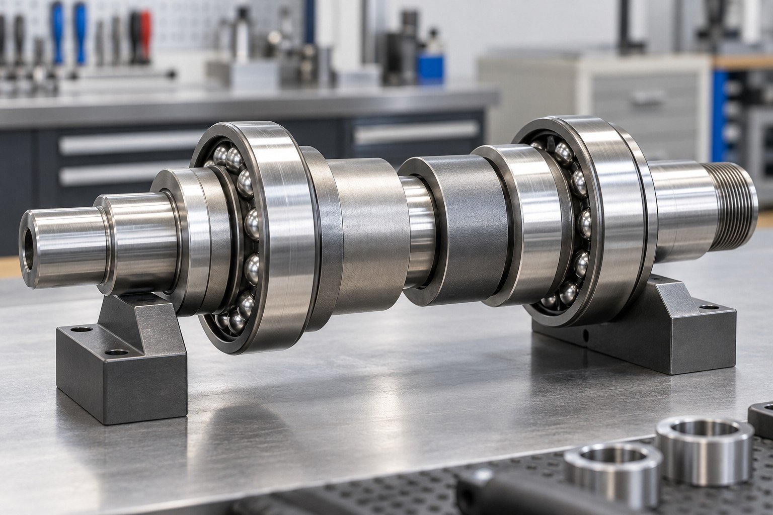 Stepped shaft stack with bearings, spacers and a clearly visible axial clearance, no measurement text