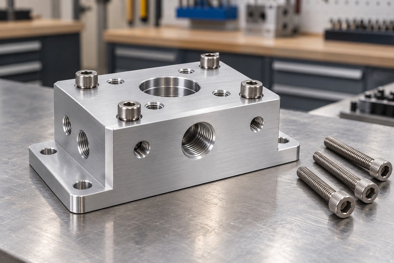 Blind threaded aluminum mounting block with correct short screws and separate long screws for comparison