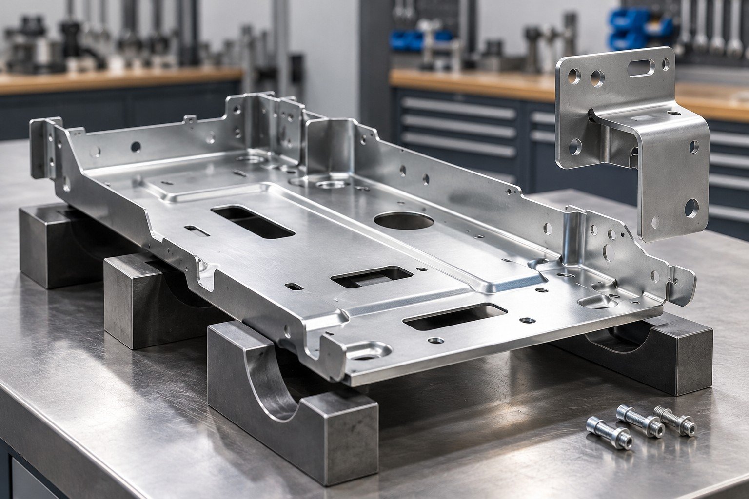 Thin formed steel carrier supported on shaped nest while a removable mounting bracket is aligned