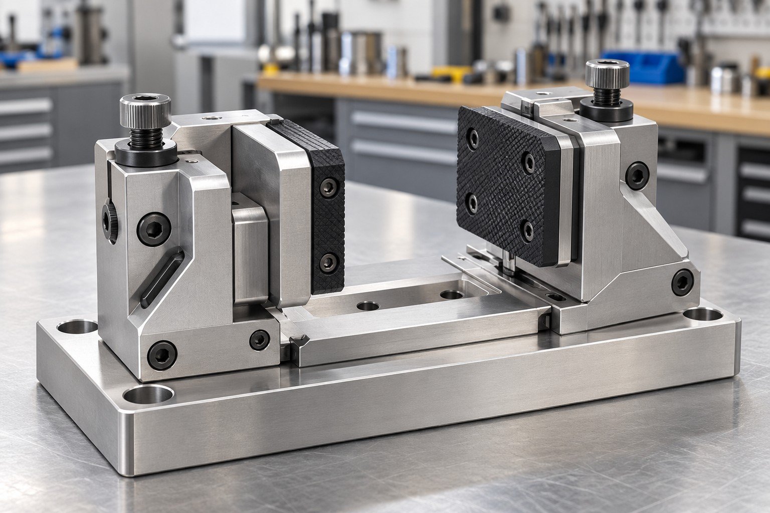 Metal-polymer clamping module with accessible shoulder screws and replaceable soft pads