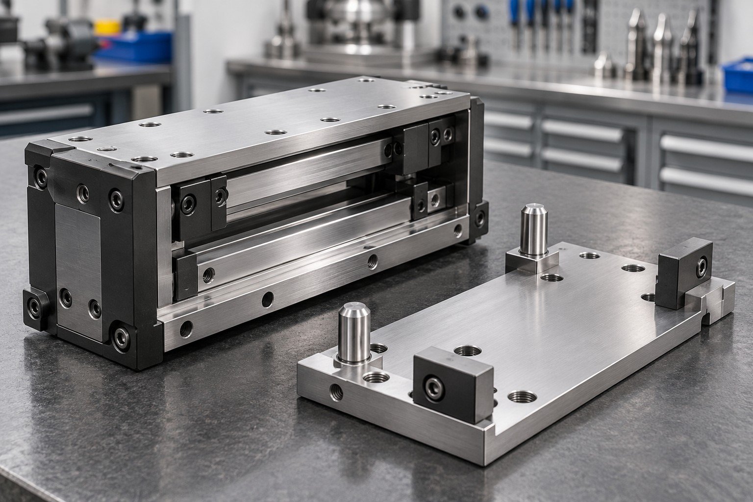 Industrial guide cassette beside a dedicated mating plate and reference stops, no false readings