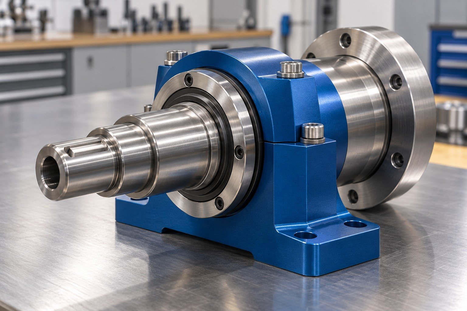 Stepped stainless spindle cartridge in a blue anodized split bearing carrier with retaining ring and compact flange, no motor