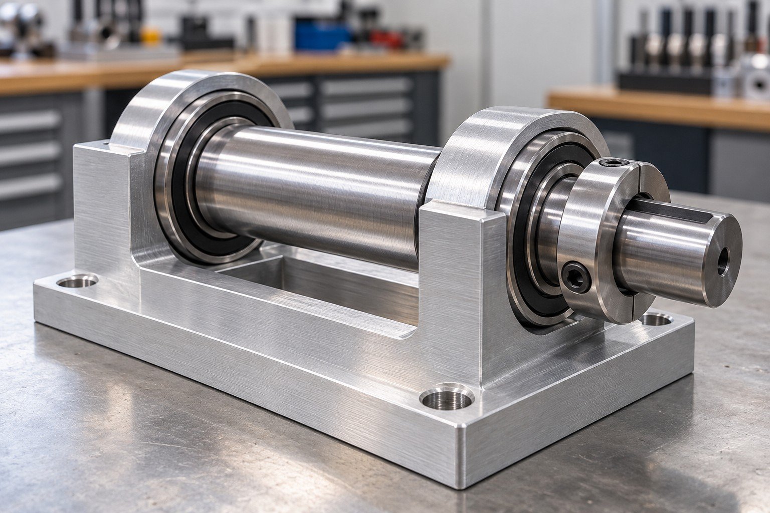 Short twin bearing roller shaft in a rectangular aluminum saddle with keyed collar