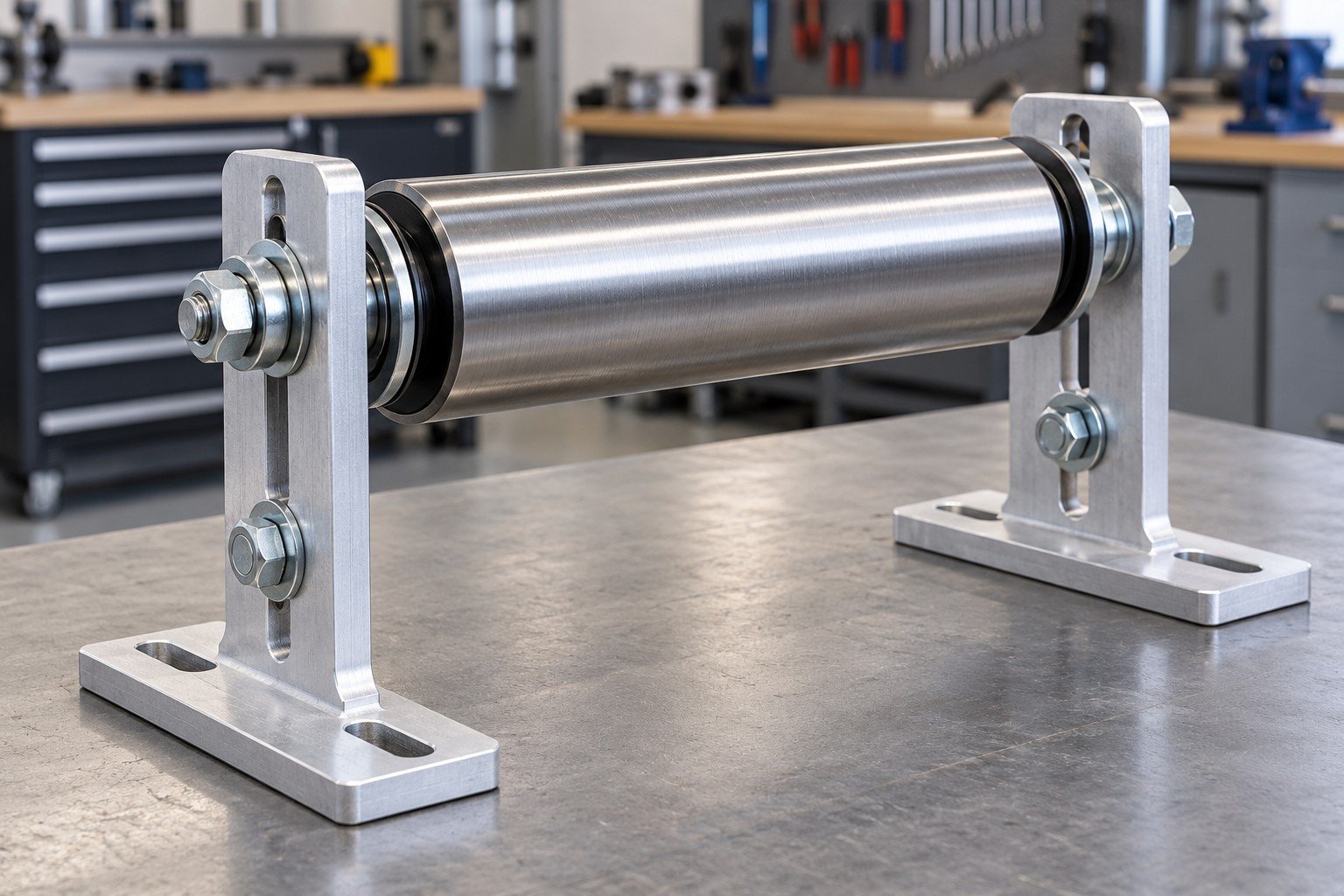 Adjustable steel idler roller cassette on two slotted aluminum brackets