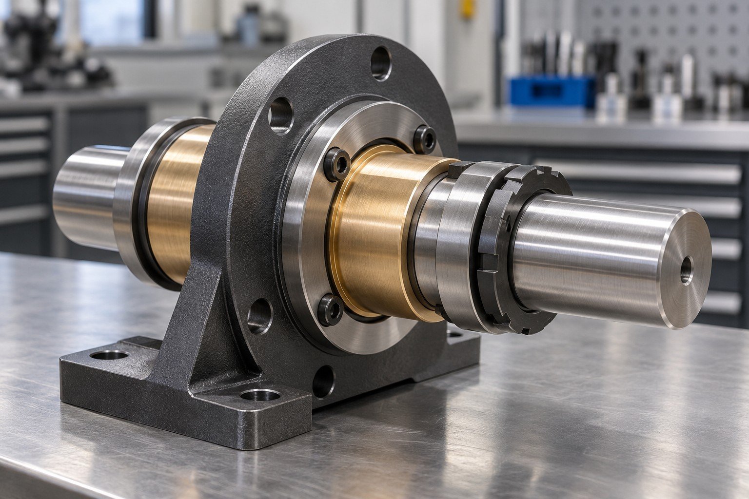 Compact shaft and bronze bushing carrier with flange, spacer stack and lock ring