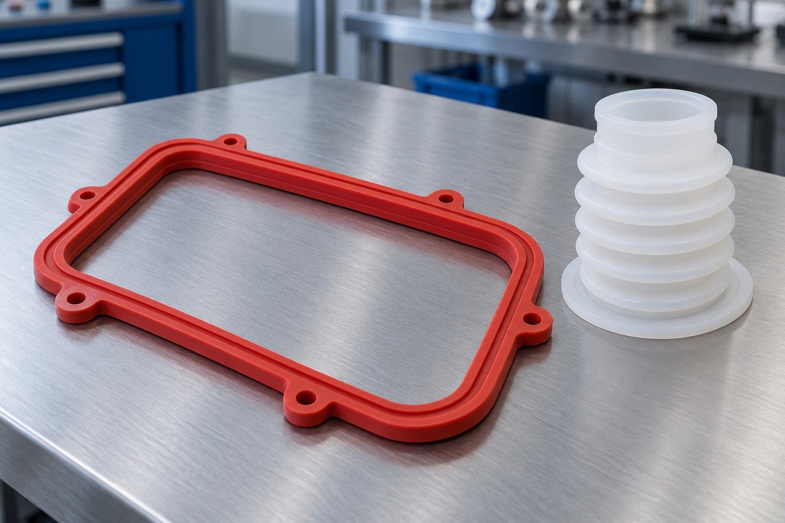 Illustrative silicone sealing frame and white bellows concepts; not material-grade identification