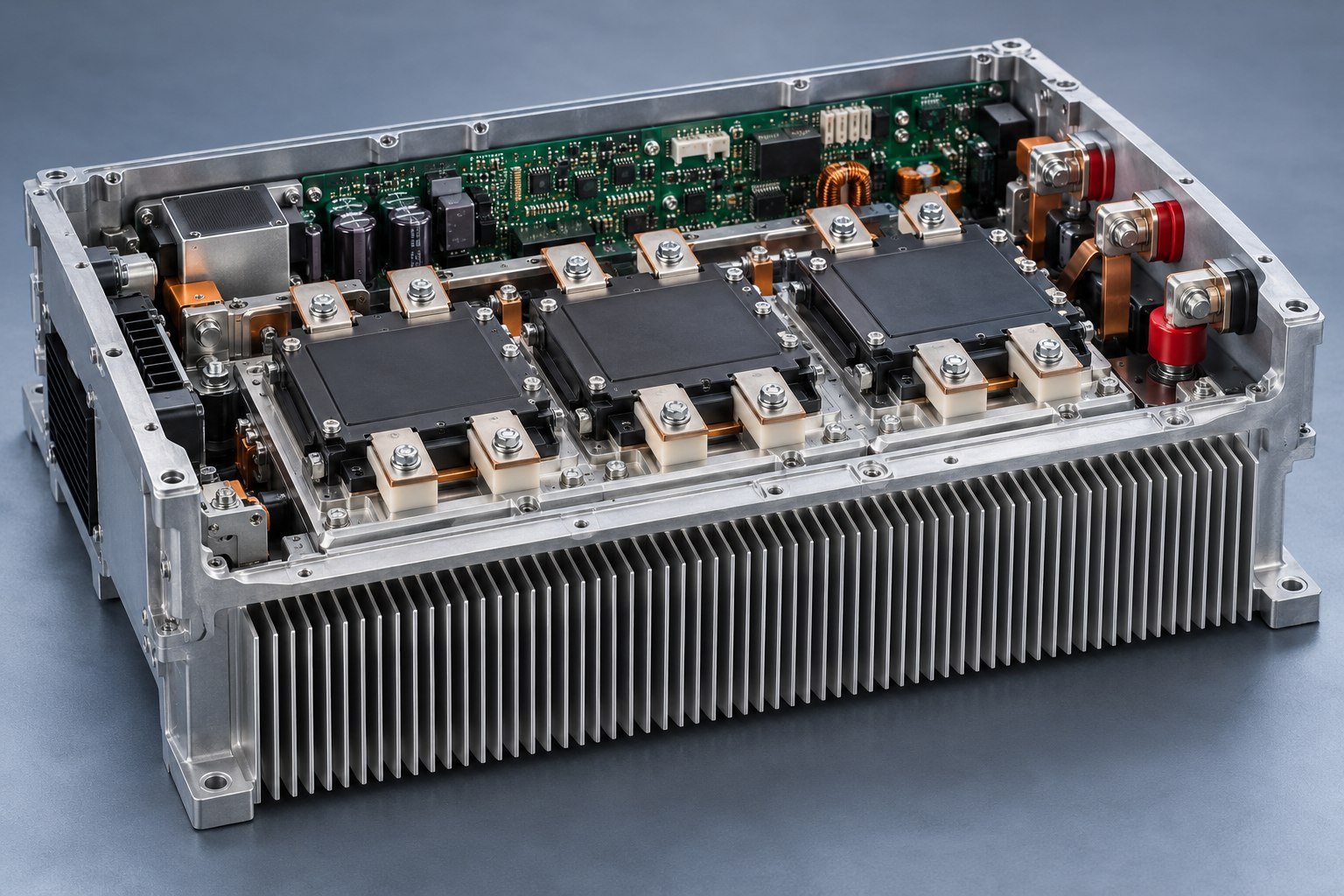 Illustrative skived fin heat sinks in an industrial power electronics assembly concept