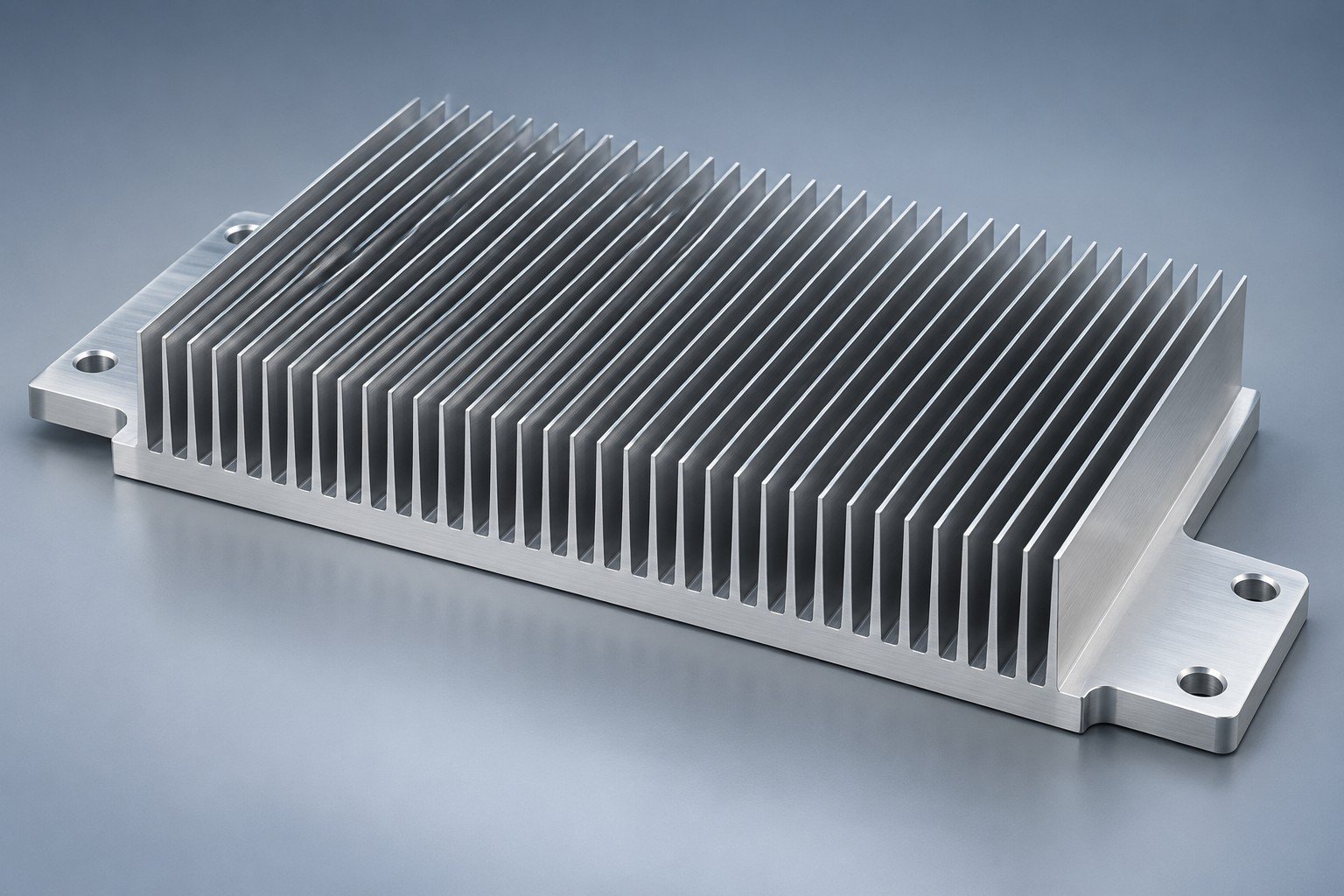 Illustrative aluminum skived heat sink with thin integral fins and mounting flanges; not a customer part