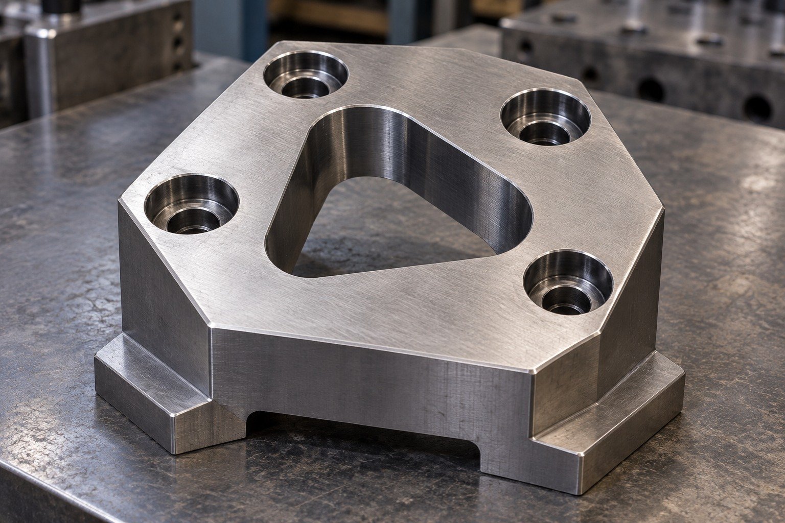 Asymmetric thick hexagonal die insert with four offset counterbores, broad datum feet and one rounded triangular through opening. — illustrative generated component concept