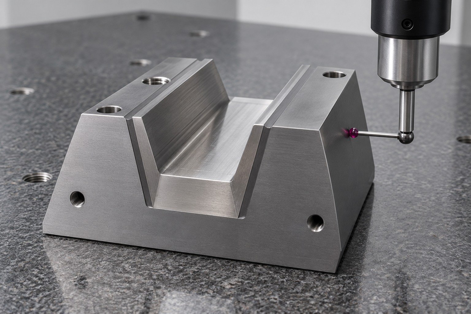 Trapezoidal die insert on granite, compact CMM ruby stylus touching an accessible outer locating plane, plausible clearance. — illustrative generated component concept