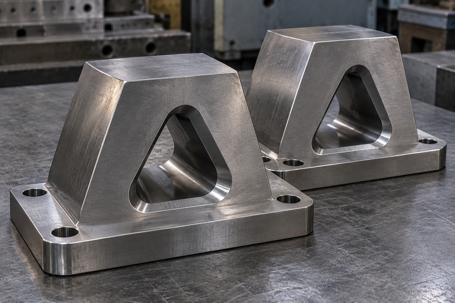 Two thick trapezoidal cold-work die inserts with distinct rounded triangular through profiles and broad mounting flanges, supported geometry. — illustrative generated component concept
