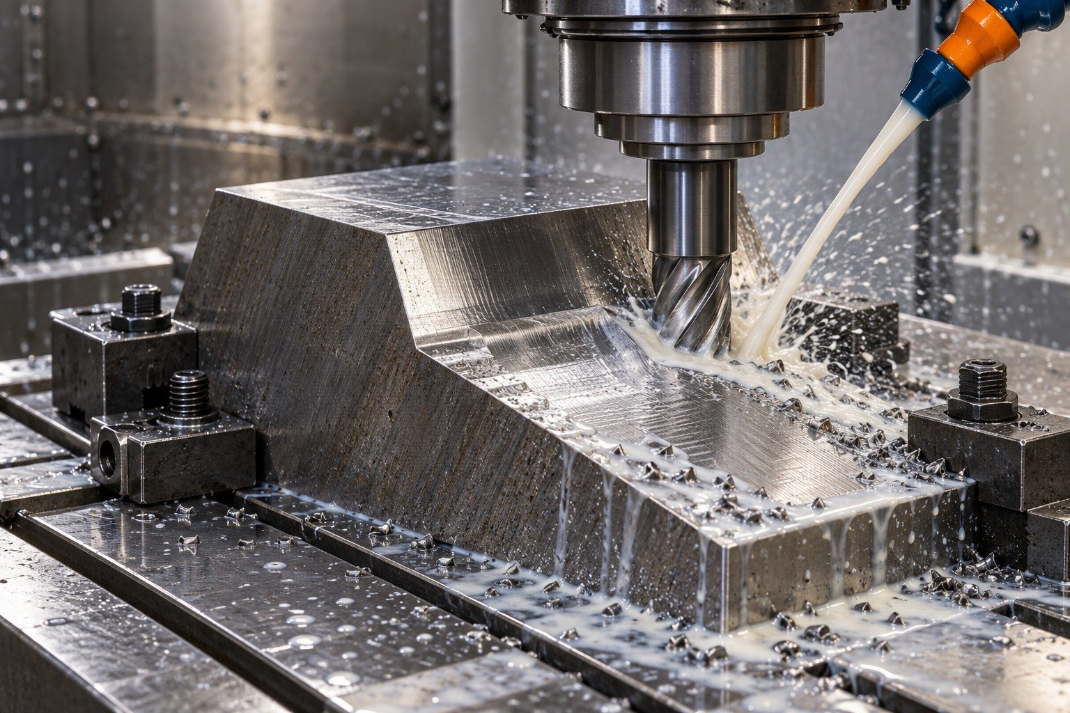 Trapezoidal die block toe-clamped on CNC table, end mill cuts a broad open side relief with visible localized milky cutting fluid and short wet chips. — illustrative generated component concept
