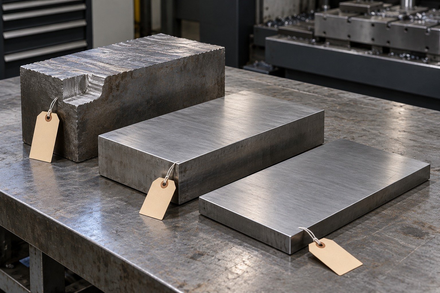 Three short broad rectangular die blanks of different thickness with blank paper tags, one rough profile and two flat blanks, no text. — illustrative generated component concept