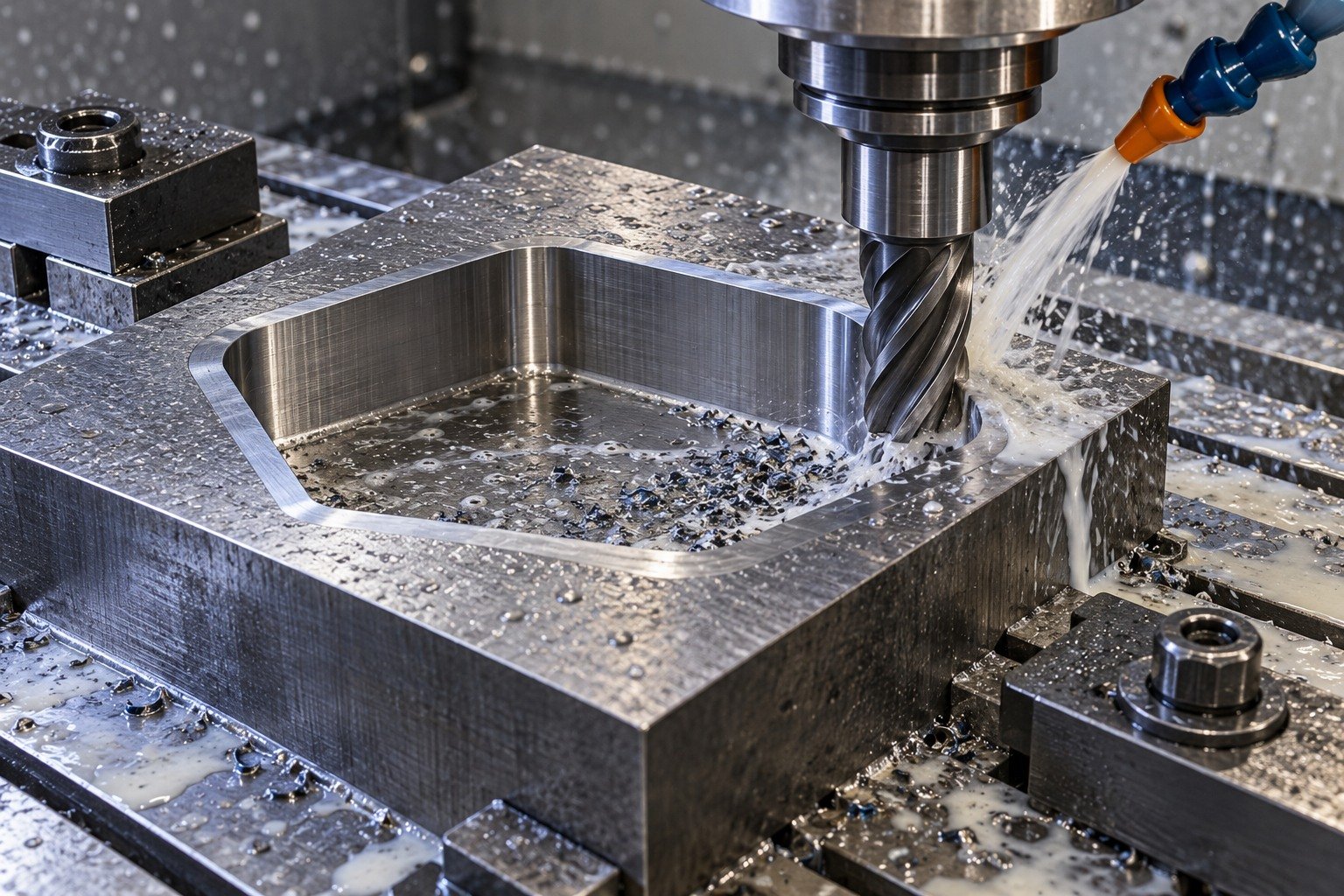 Thick rectangular tool insert with offset rounded pentagonal pocket securely clamped on CNC table, end mill cutting broad accessible pocket wall under coolant. — illustrative generated component concept