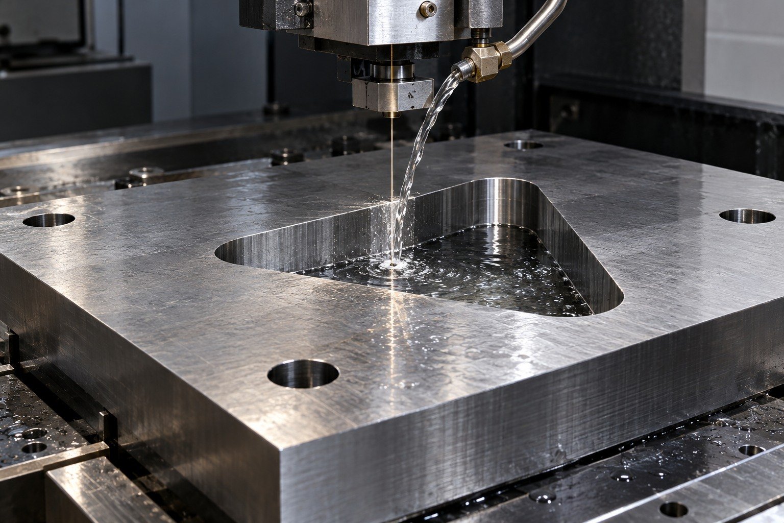 Broad steel die plate with offset rounded triangular opening under wire EDM upper guide, one hair-thin vertical wire and believable restrained dielectric flushing. — illustrative generated component concept