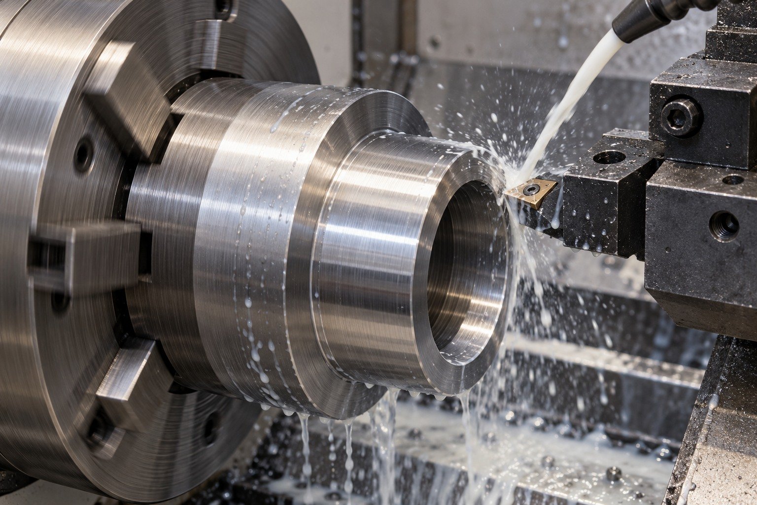 Distinct thick stepped sleeve in lathe chuck with generous shoulder, carbide insert cutting outer diameter under controlled milky cutting fluid. — illustrative generated component concept