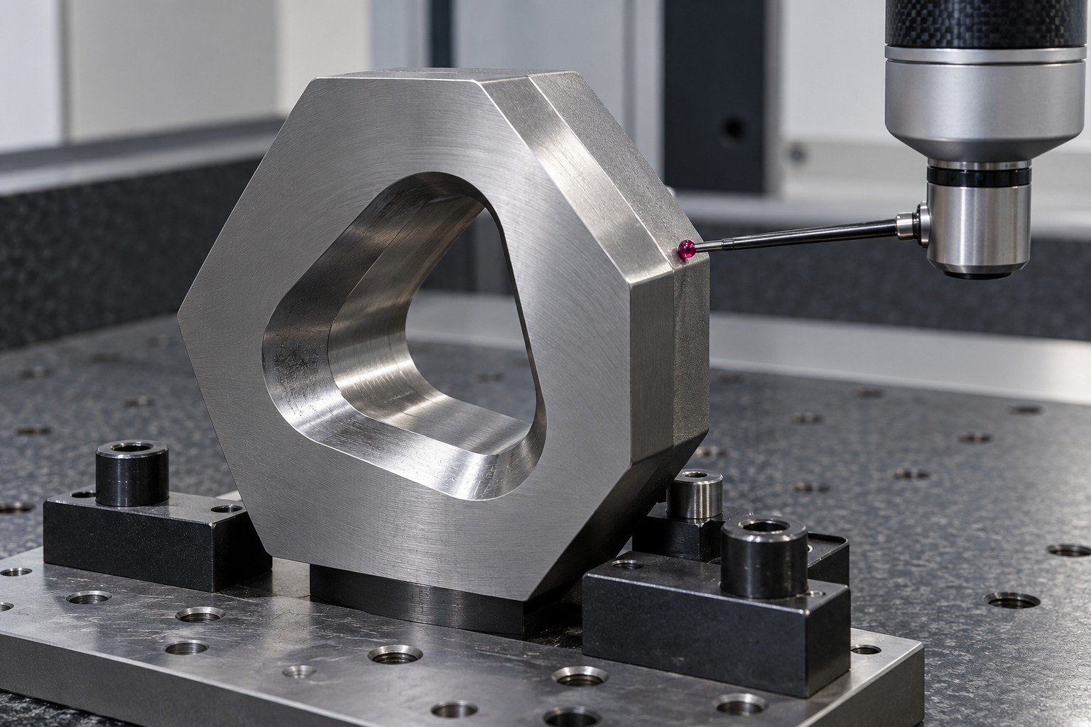 Thick asymmetric hexagonal die insert with rounded triangular opening, ruby probe contacts reachable ground external face in stable CMM fixture. — illustrative generated component concept