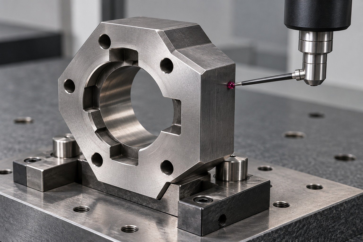 Asymmetric hexagonal die insert on inspection fixture, ruby CMM probe touches broad external datum face with head well clear. — illustrative generated component concept