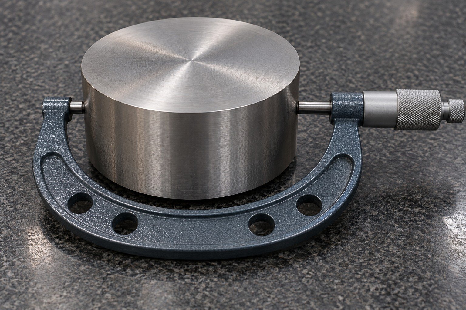 Outside micrometer physically contacts opposite sides of broad cylindrical tooling blank head lying on granite, no hands or readout. — illustrative generated component concept